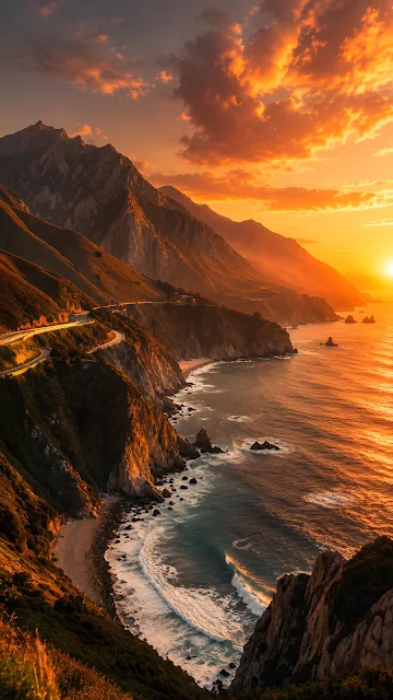 Aerial side perspective of a winding coastal road along dramatic ocean cliffs bathed in vibrant orange sunset light.