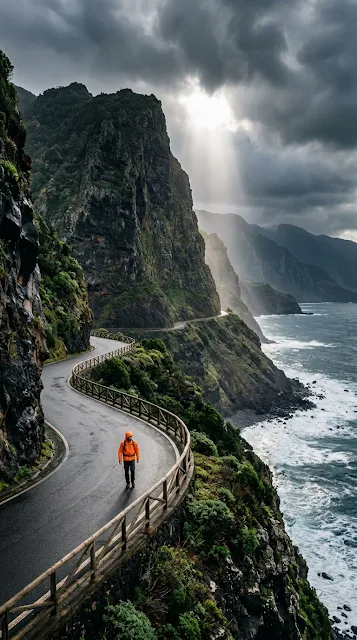 Winding Coastal Highway and Towering Sea Cliffs in Madeira - Free 4K & 8K mobile Wallpaper
