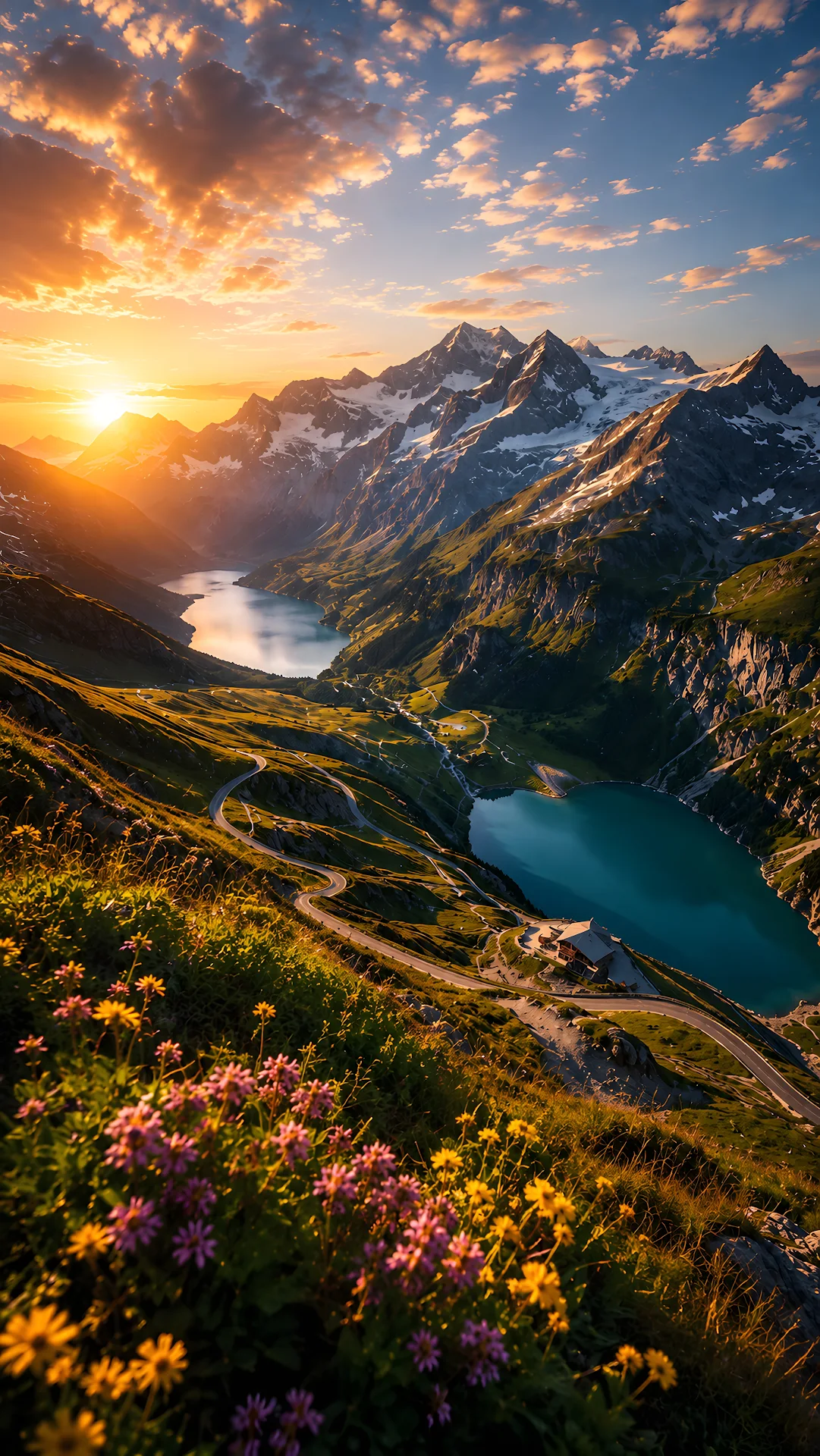 Winding mountain road along alpine lake at golden sunset - Free 4K mobile Wallpaper