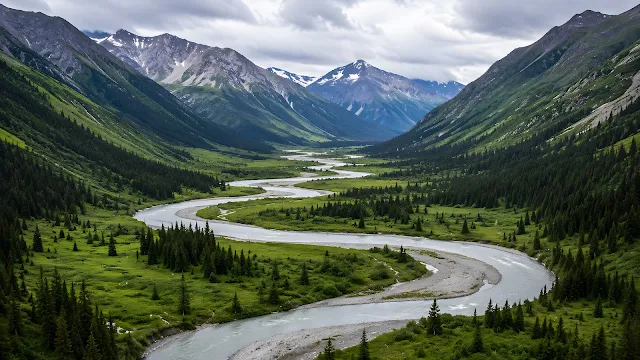 High-angle view of a grey-white glacial river curving through a vast green alpine valley bordered by thick evergreen forests and rocky peaks.