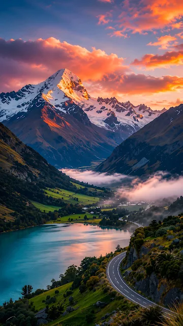 Aerial view of a mountain highway winding alongside a turquoise lake towards a snow-capped peak illuminated by sunset light.