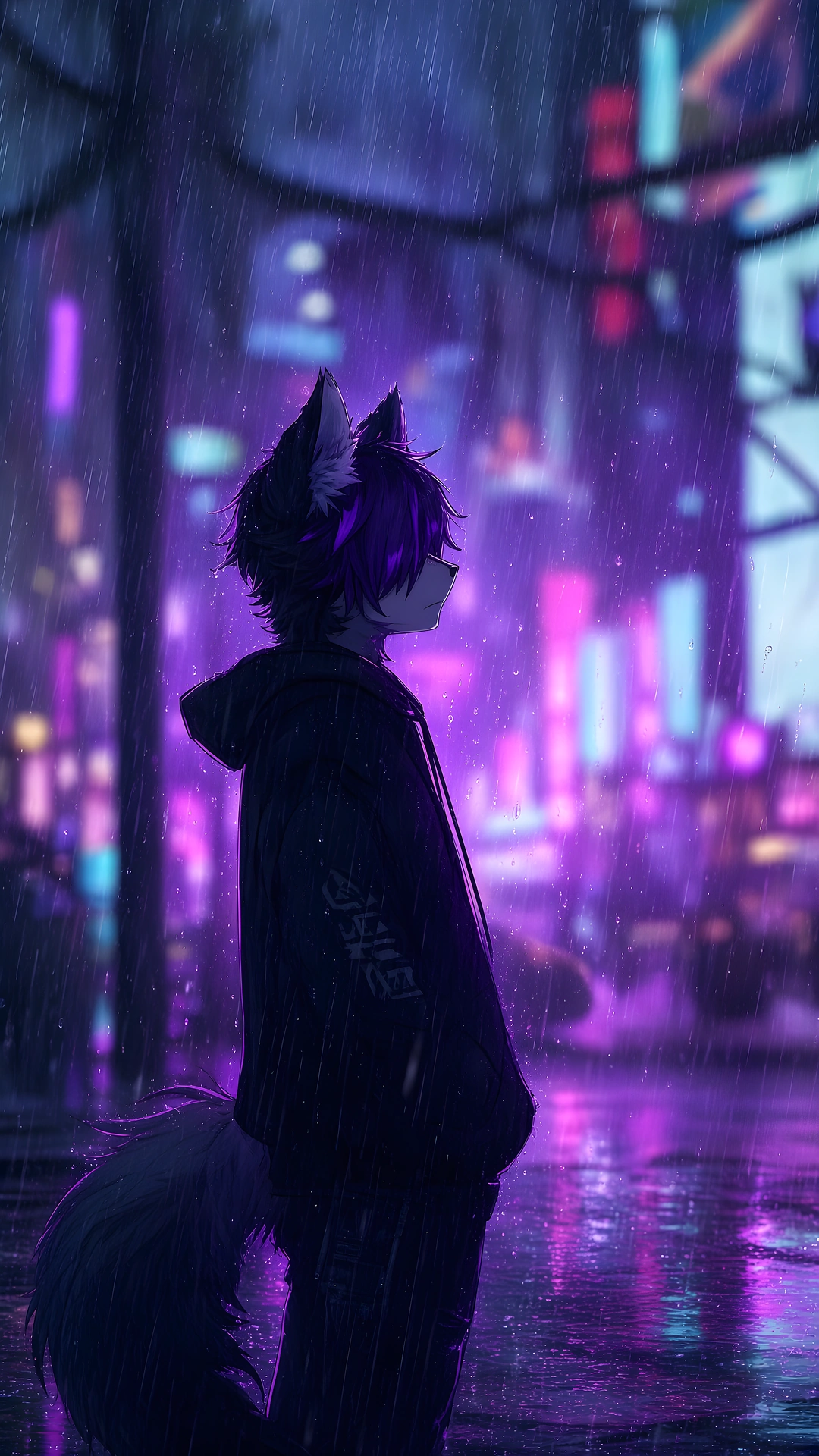 Wolf Boy Neon Rain Cyberpunk City 4K - Free 4K mobile Wallpaper