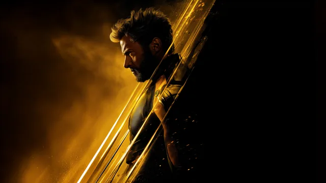 Side profile of Wolverine in a dark suit with glowing golden claw trails slashing diagonally across the dark frame.