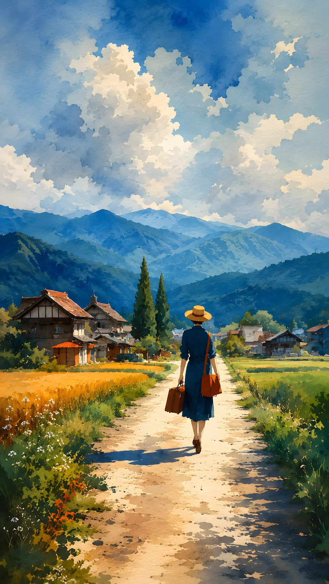 Woman Carrying Suitcase Walking Down Rural Path Toward Village - Free 4K mobile Wallpaper