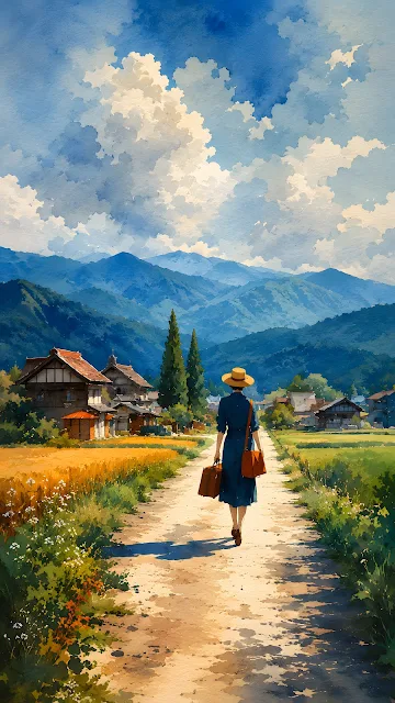 Back view of woman in straw hat and blue dress carrying suitcase along dirt road toward rural village and mountains.