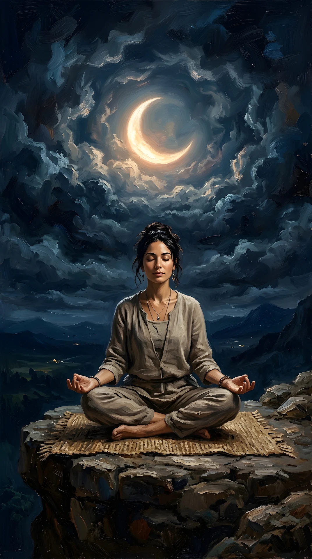 Woman Meditating on Glowing Crescent Moon in Starry Sky - Free 4K mobile Wallpaper