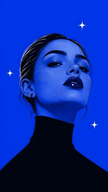 Monochrome cobalt blue illustration of a woman in a black turtleneck looking upward with white stars.