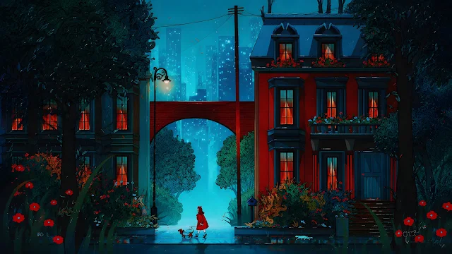 Nighttime illustration of a woman in red coat walking her dog past a brick townhouse with warm glowing windows.