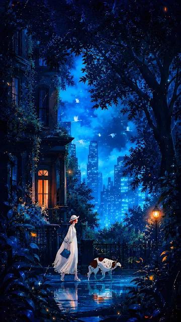 Illustrated scene of a woman in a white dress walking a spotted dog on a damp urban sidewalk at night under trees.