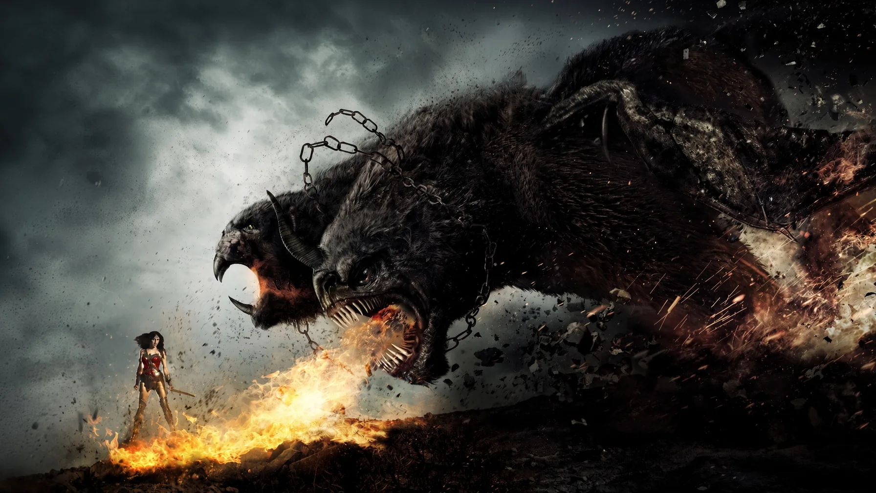 Wonder Woman vs Fire-Breathing Cerberus 4K - Free 4K desktop Wallpaper