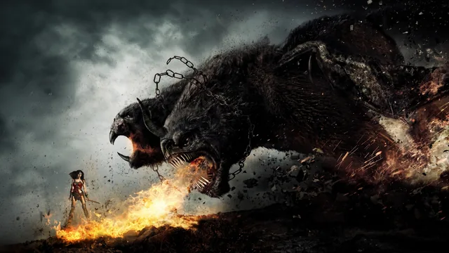 A giant two-headed hound breathing fire onto the ground in front of a small warrior woman standing in armor.