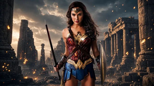 Wonder Woman in red and gold armor holding a sword and shield among tall crumbling stone columns with floating sparks.