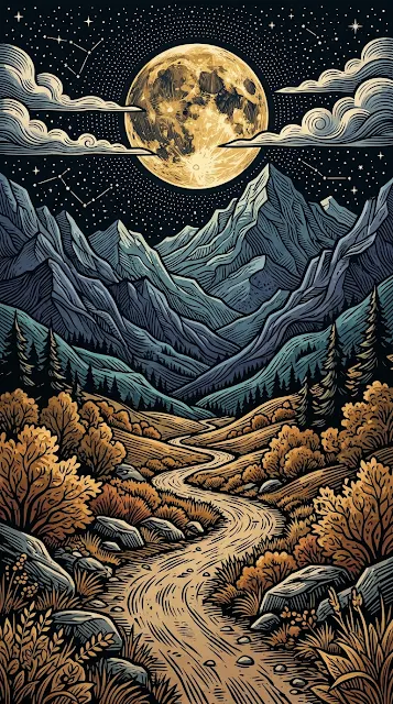Woodcut Style Mountain Path under Full Moon and Stars - Free 4K & 8K mobile Wallpaper