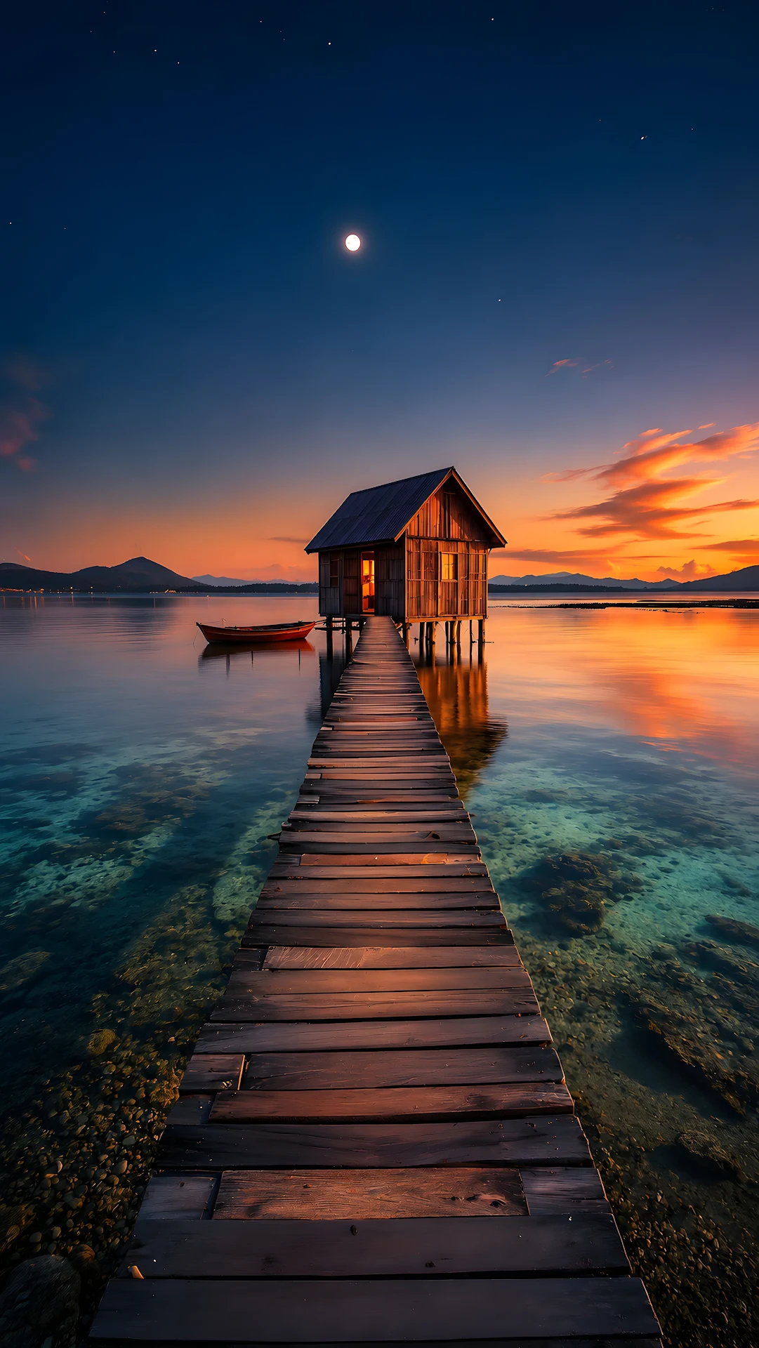 Wooden boardwalk leading to a illuminated hut on calm water at sunset - Free 4K mobile Wallpaper