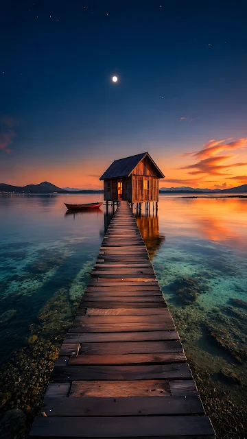 A wooden plank pier extends across clear calm water toward a rustic illuminated hut during a fiery sunset under a night sky.
