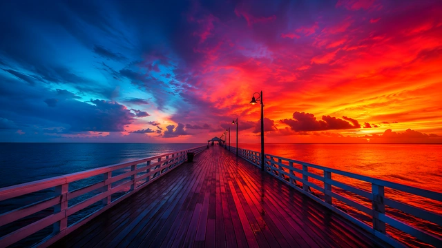 Wooden pier extending into the ocean under a vibrant sky split between orange sunset and blue dusk.