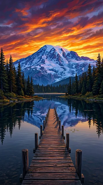 Wooden Pier on a Calm Lake with Snowy Mountain at Sunset - Free 4K & 8K mobile Wallpaper