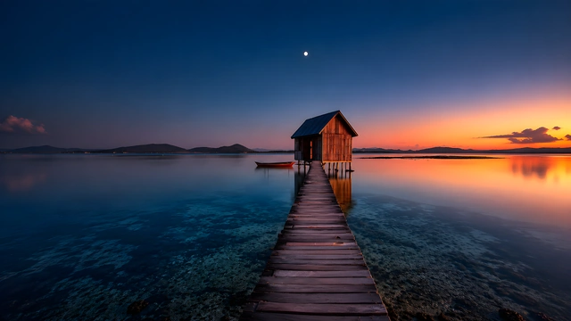 Straight wooden pier leading to a small wooden stilt hut on calm water at sunset.