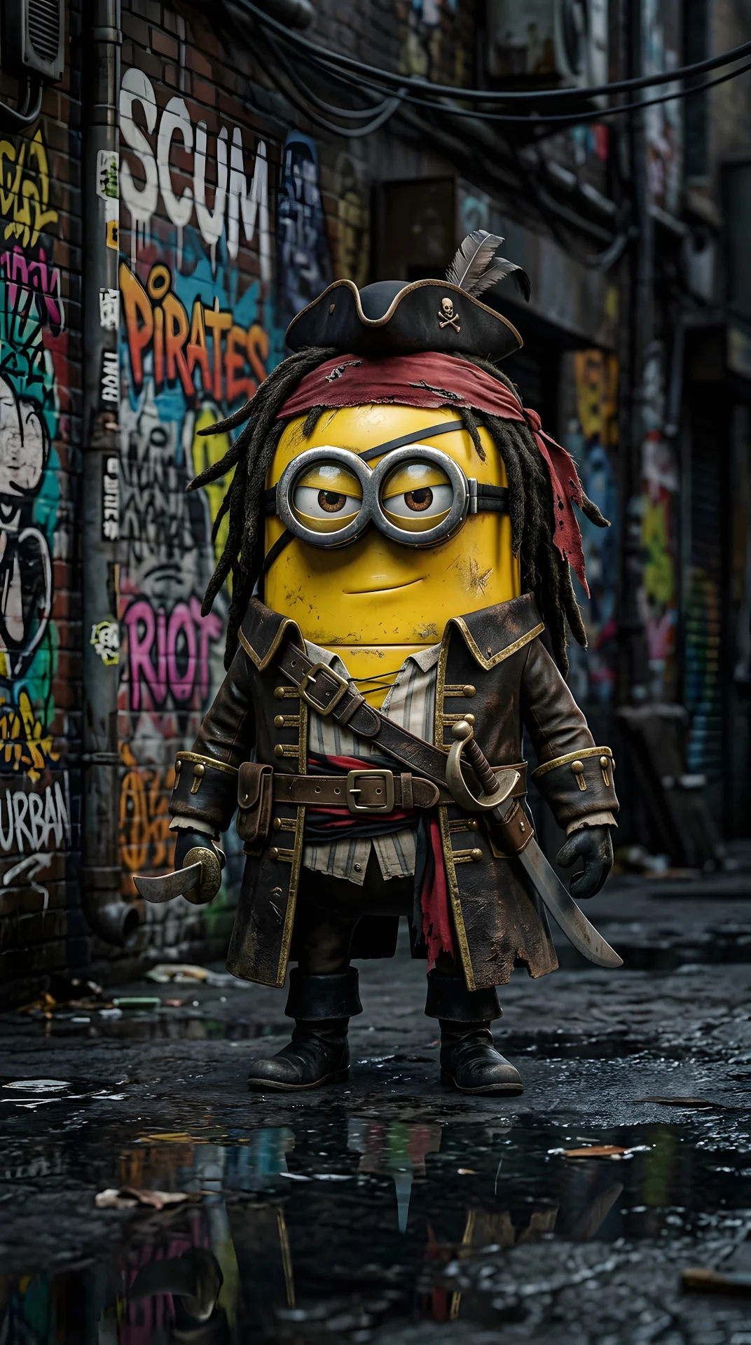 Yellow Capsule Character Dressed as a Pirate Captain in a Gritty Alley - Free 4K mobile Wallpaper