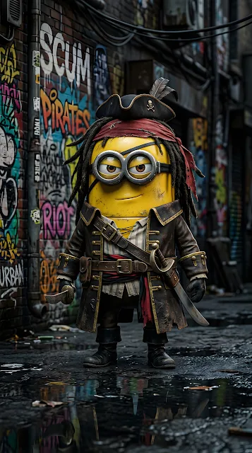 Yellow Capsule Character Dressed as a Pirate Captain in a Gritty Alley - Free mobile Wallpaper