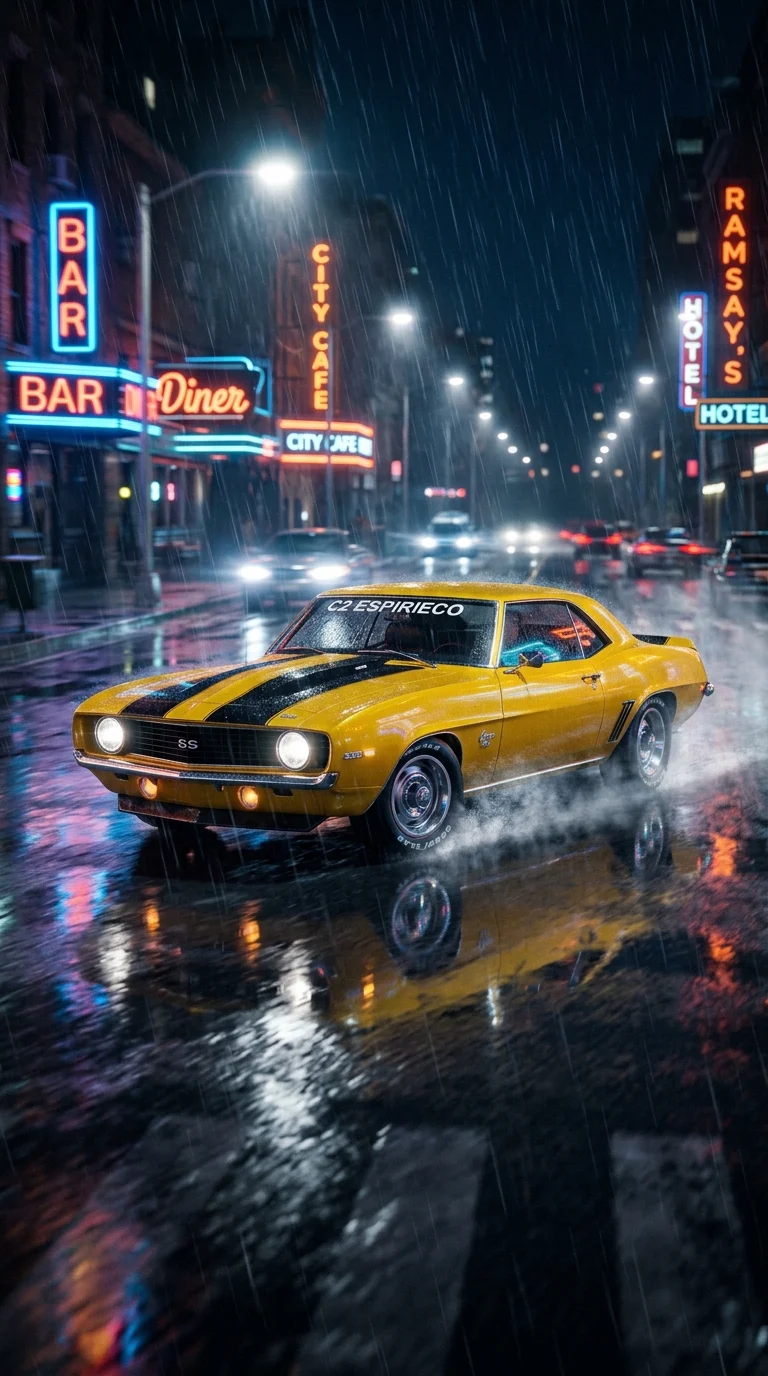 Download Yellow Classic Muscle Car Driving in Rain 3D Render Wallpaper in 4K UHD Yellow Classic Muscle Car Driving in Rain 3D Render - Free 8K and 4K mobile Wallpaper Background