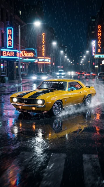 Yellow Classic Muscle Car Driving in Rain 3D Render - Free 4K & 8K mobile Wallpaper