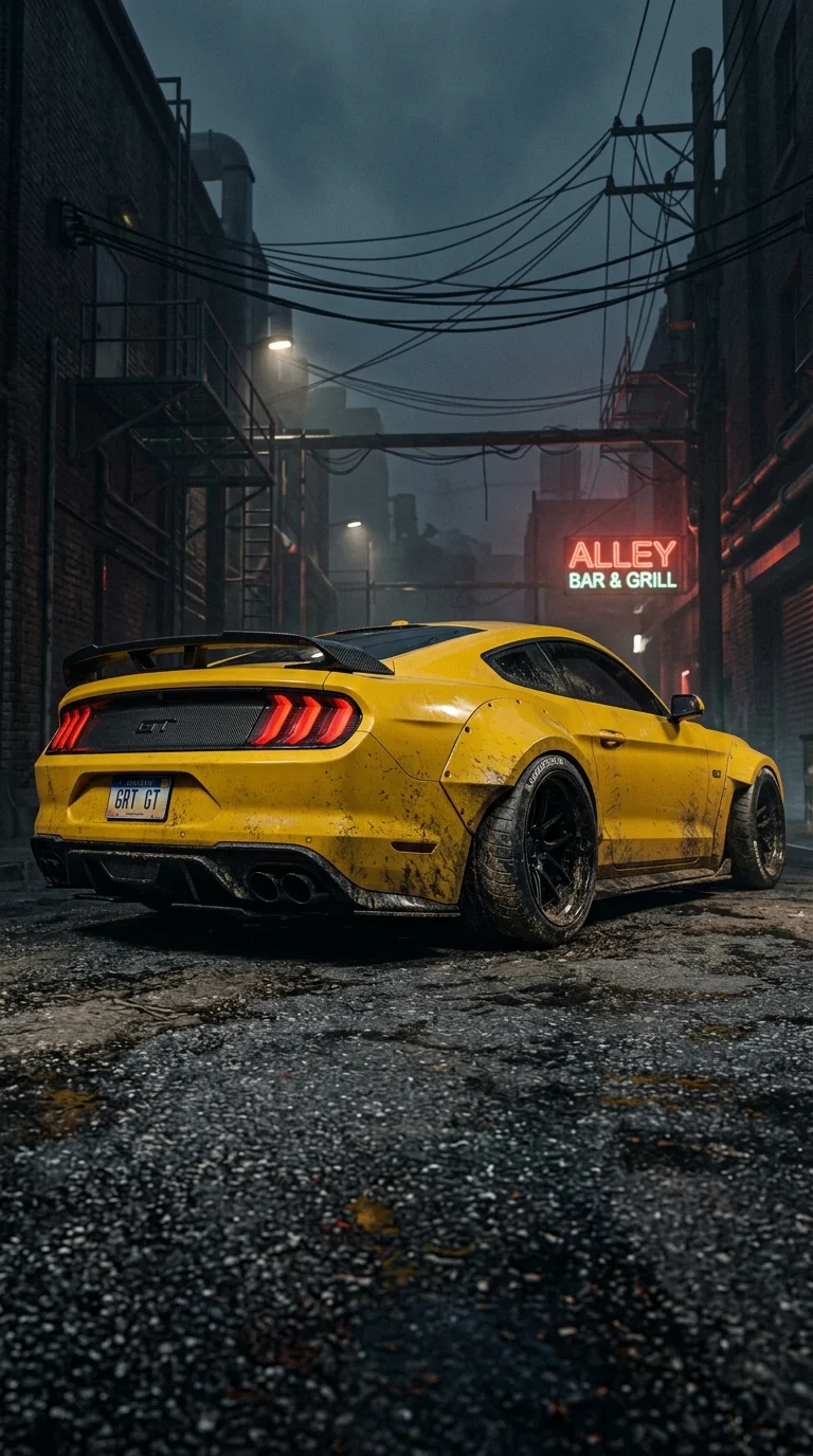 Download Yellow Custom Widebody Mustang GT in a Gritty Industrial Alley Wallpaper in 4K UHD Yellow Custom Widebody Mustang GT in a Gritty Industrial Alley - Free 8K and 4K mobile Wallpaper Background