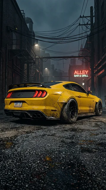 Yellow Custom Widebody Mustang GT in a Gritty Industrial Alley - Free 4K & 8K mobile Wallpaper