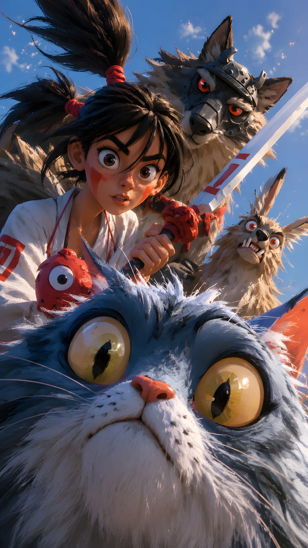 Young animated warrior standing with loyal mythical beast companions - Free 4K mobile Wallpaper