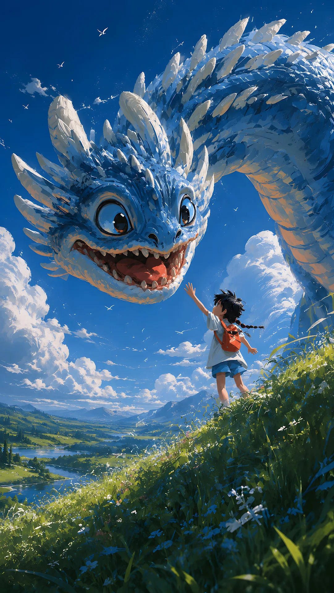 Young girl reaching out to a huge friendly blue dragon on meadow hill - Free 4K mobile Wallpaper