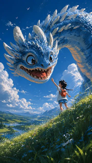 A young girl with a backpack reaching up towards a huge, friendly smiling blue dragon on a sunny grassy hillside.