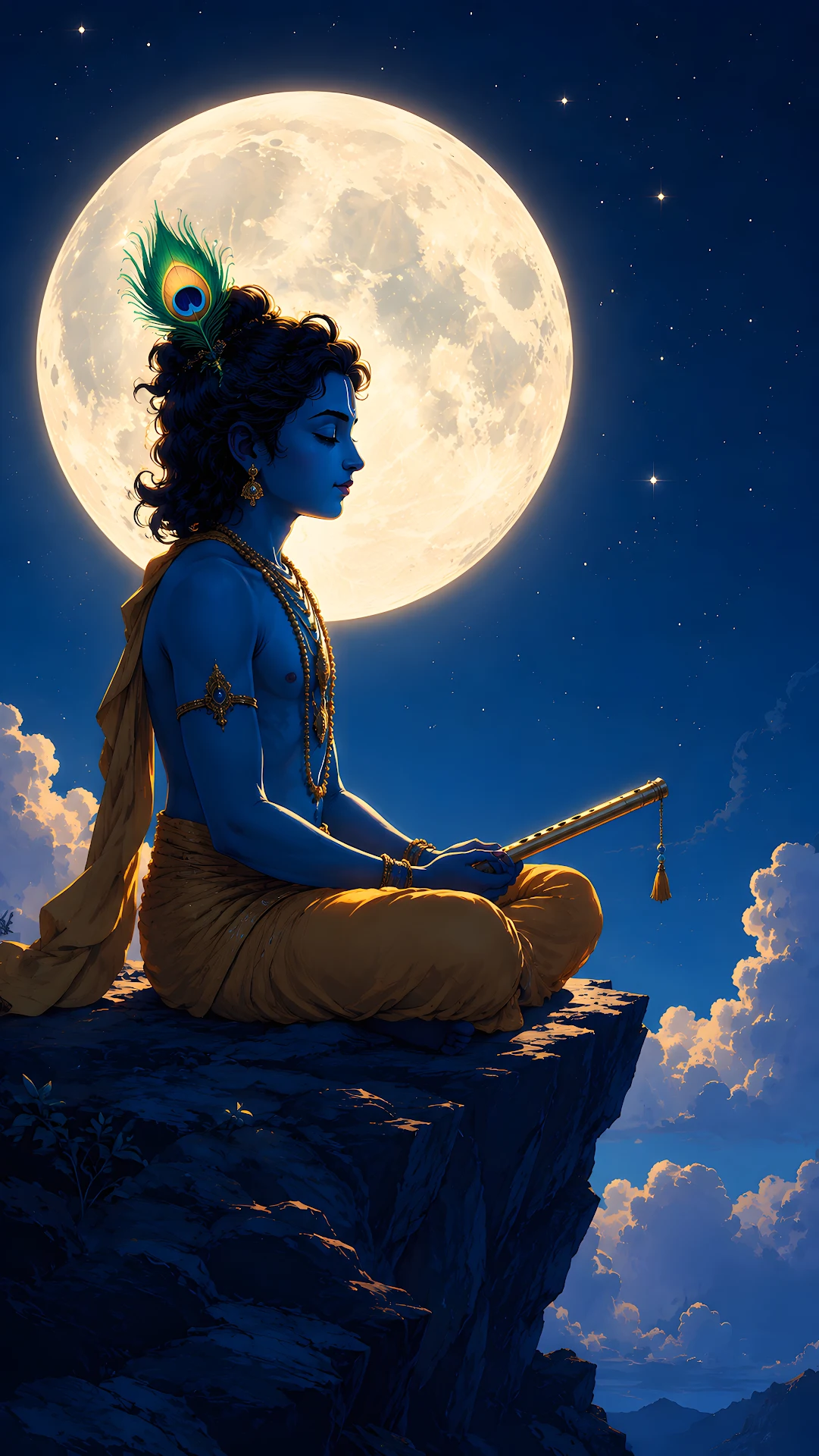 Young Krishna meditating on a cliff under a full moon - Free 4K mobile Wallpaper