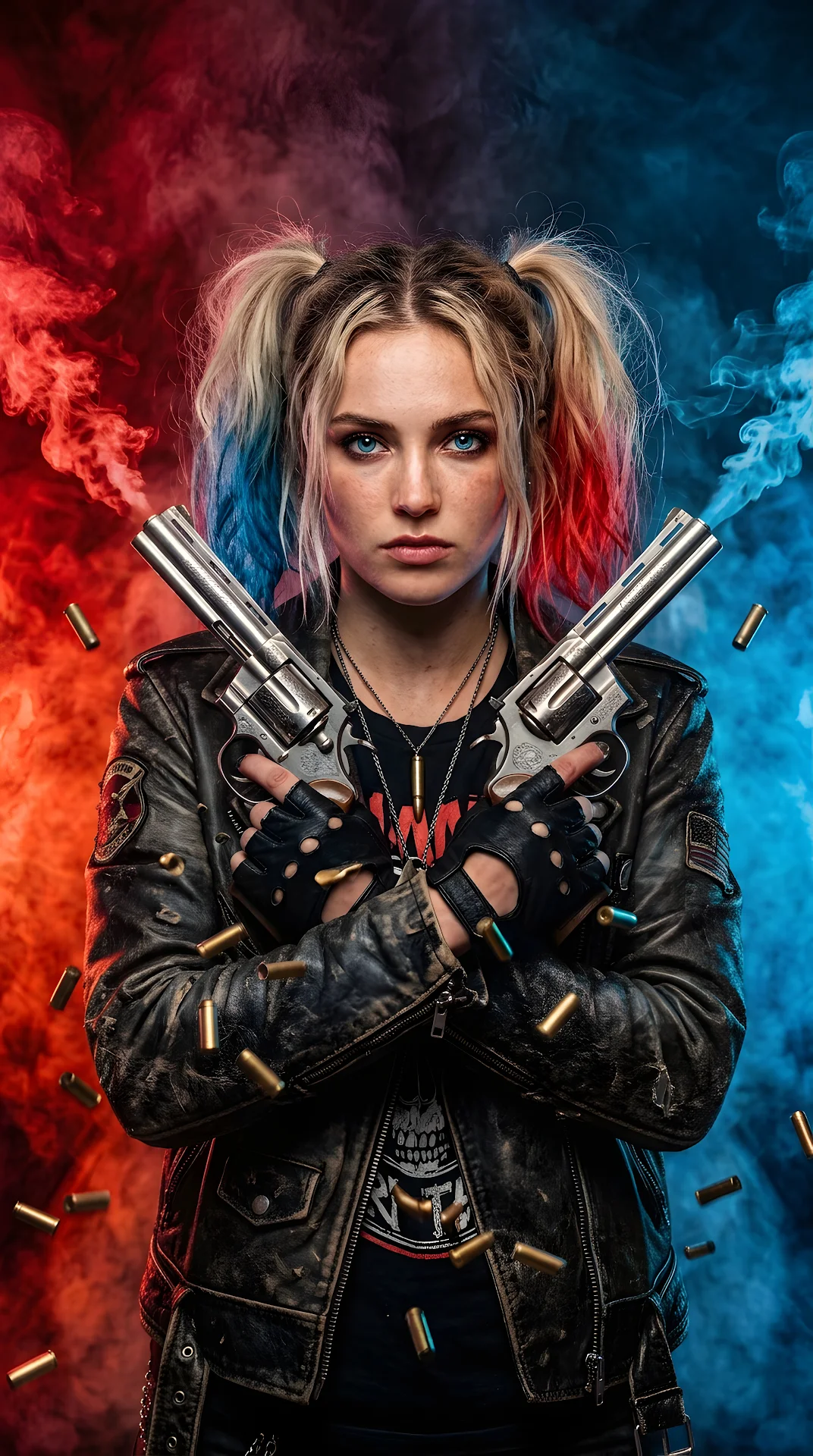 Young rebellious woman holding smoking pistols in colored light - Free 4K mobile Wallpaper
