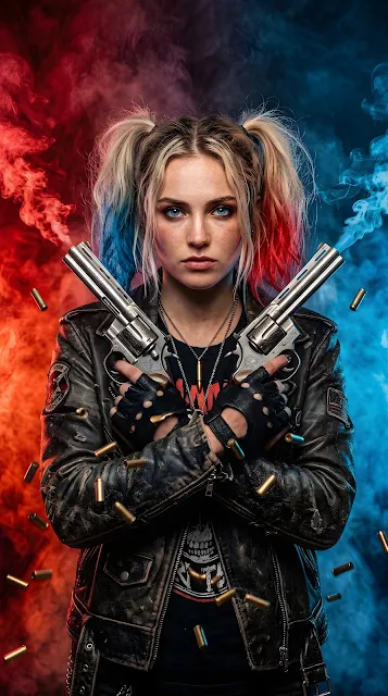 A young woman with blonde and colored pigtails stands holding two crossed smoking revolvers in front of blue and red mist.