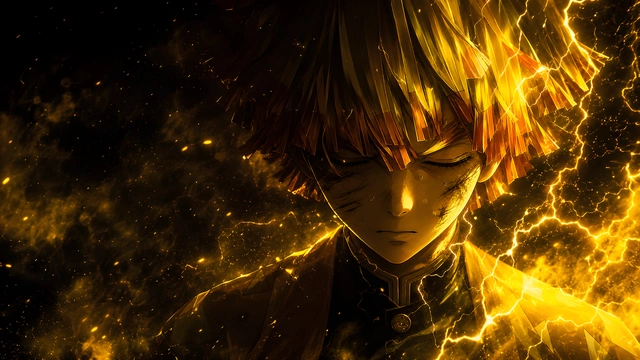 Zenitsu Agatsuma with closed eyes surrounded by bright yellow lightning bolts and electric sparks.